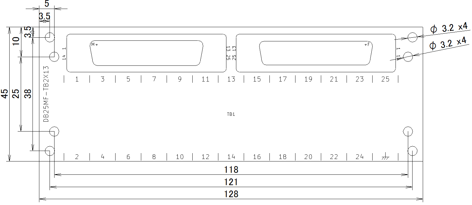 DB25MF-TB2X13の外形寸法図