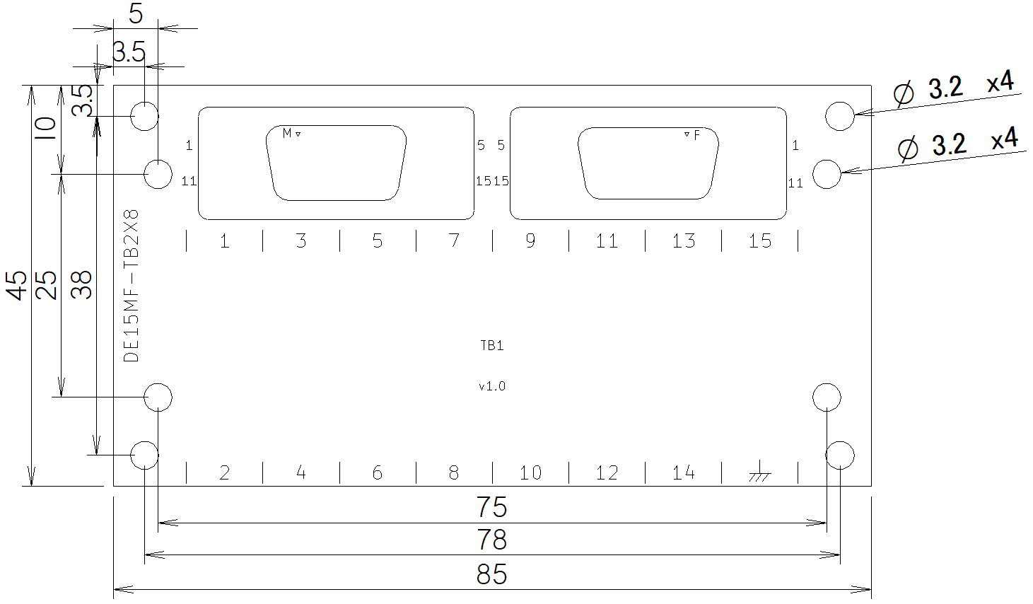 DE15MF-TB2X8の外形寸法図