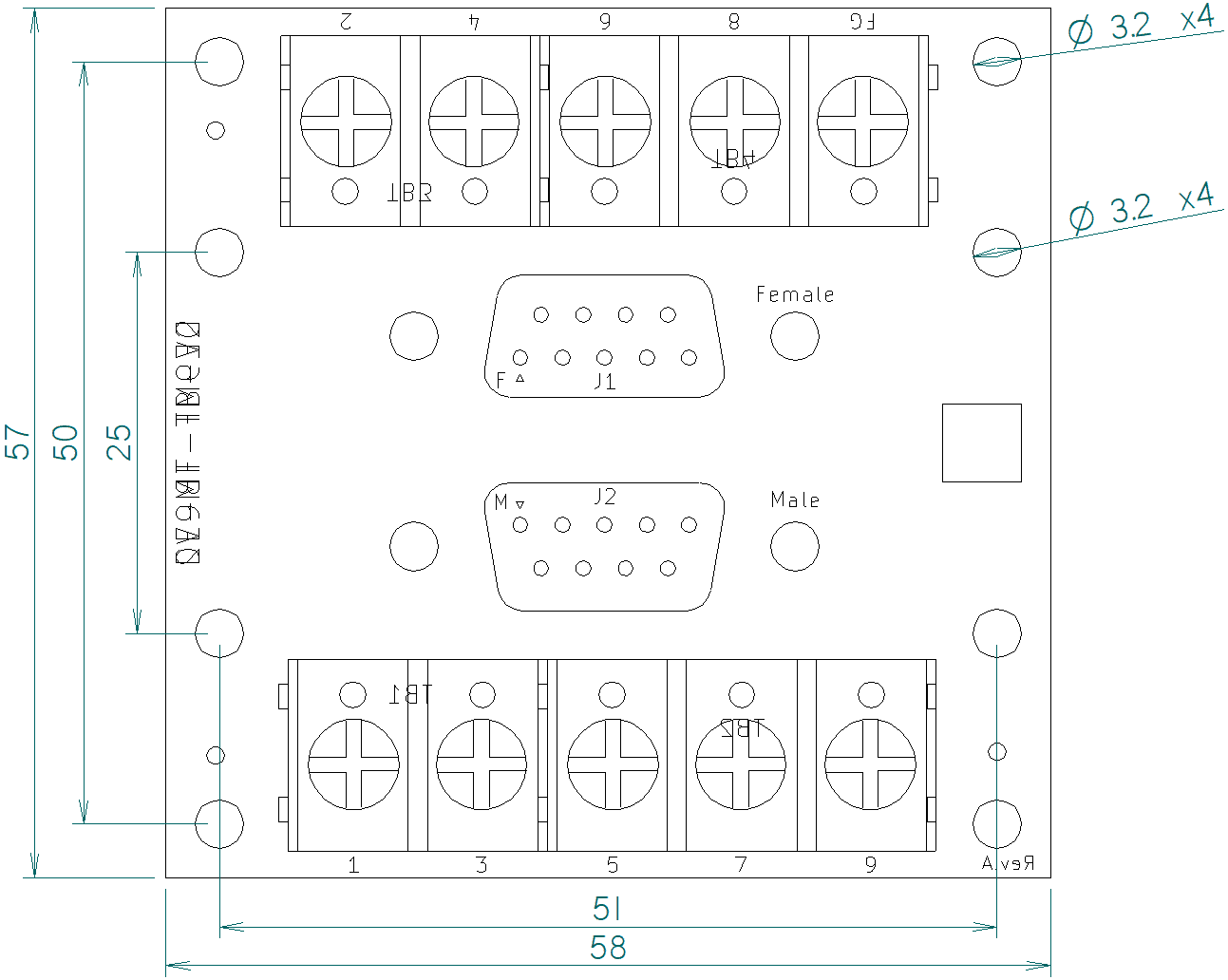 DE9MF-TB-V2の外形寸法図