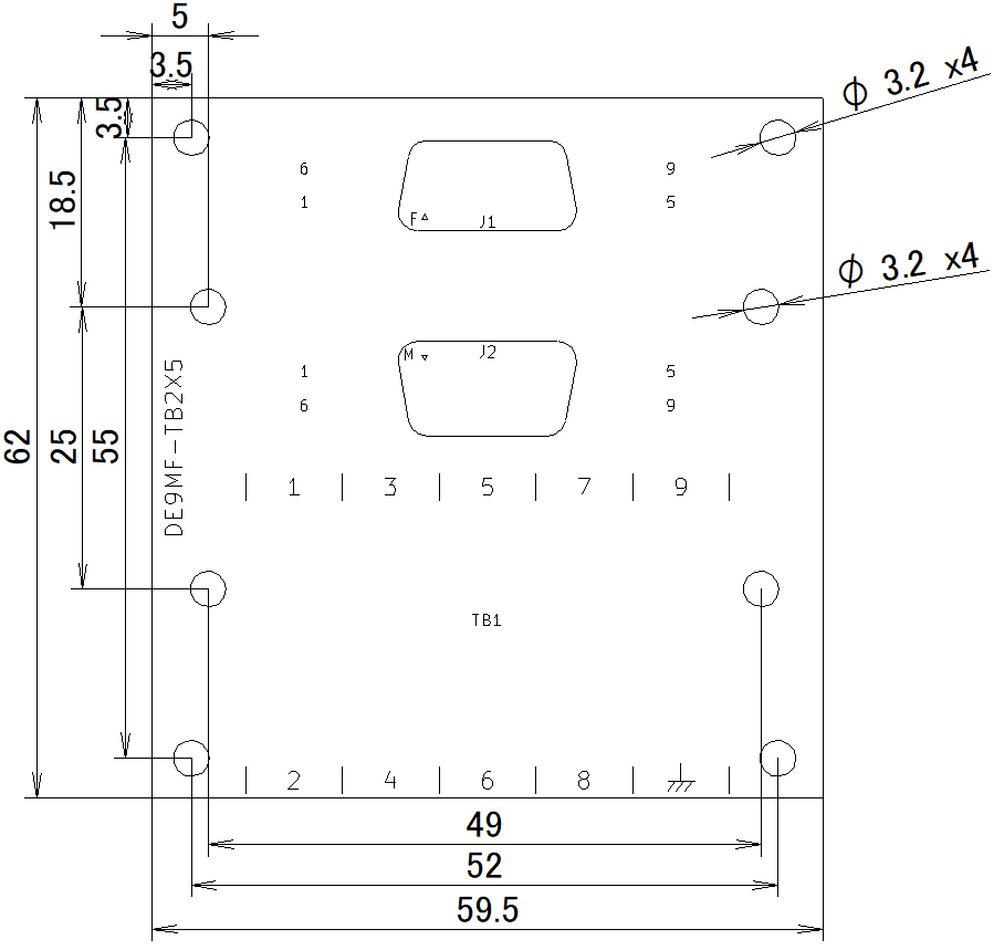DE9MF-TB2X5の外形寸法図