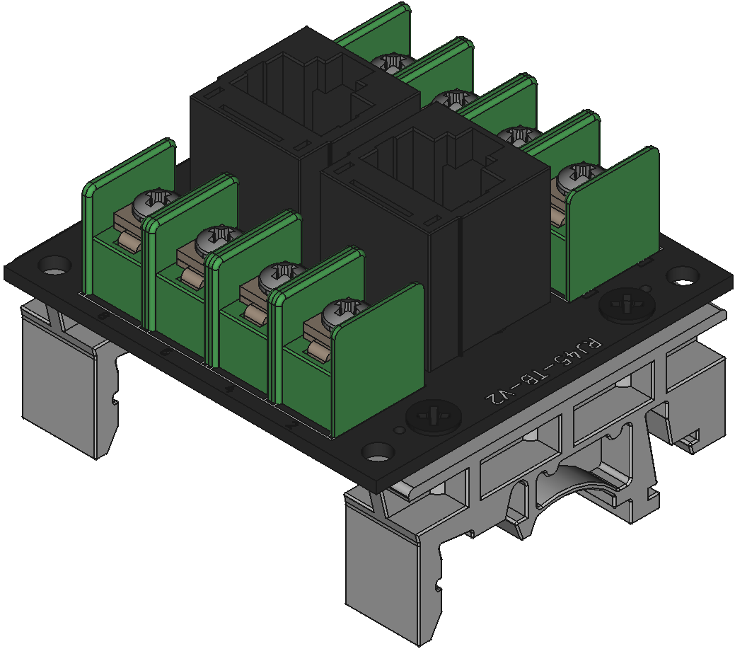 RJ45-TB-V2をDINレール取付けする際の組立完成図